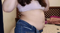 Stuffed Belly Play - Sitting on Bed with Tight Jeans On