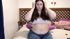 Stuffed Belly Play - Sitting on Bed with Tight Jeans On