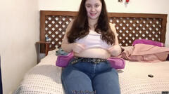 Stuffed Belly Play - Sitting on Bed with Tight Jeans On