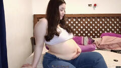 Stuffed Belly Play - Sitting on Bed with Tight Jeans On
