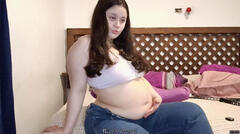 Stuffed Belly Play - Sitting on Bed with Tight Jeans On