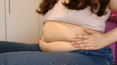 Stuffed Belly Play - Sitting on Bed with Tight Jeans