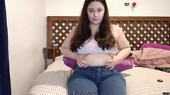 Np 2023 01 02 Cvge-1.Stuffed Belly Play - Sitting on Bed with Tight Jeans On